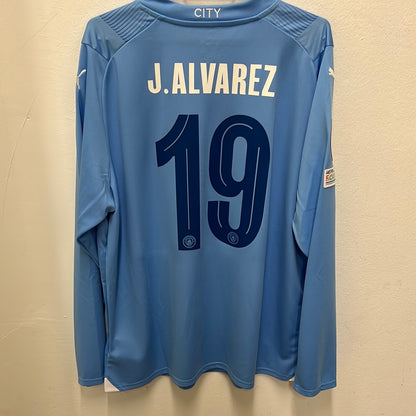 Manchester City Home 23/24 J.Alvarez 19 LS CL & WCC Patches